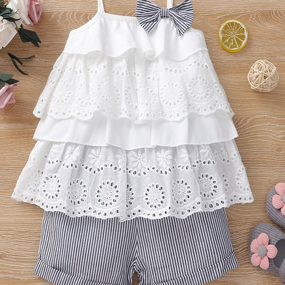 2pcs Lace Camisole Top and Elastic Waist Striped Shorts Girls Outdoor Set
