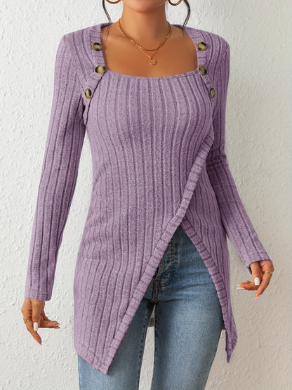 Button Decor Asymmetrical Hem T-Shirt, Casual Ribbed Long Sleeve Top For Spring & Fall, Women's Clothing