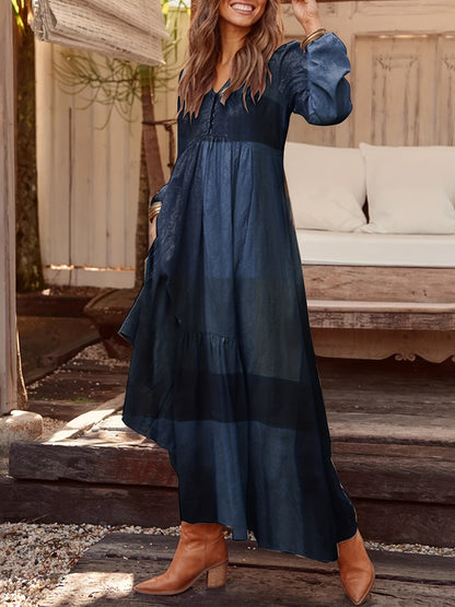 Patchwork Print Loose Dress, Boho V Neck Long Sleeve Dress, Women's Clothing