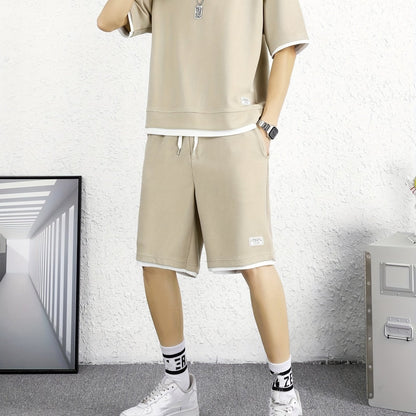 Men's 2 Piece Outfits, Solid Color, Faux Two-Piece Casual Graphic Crew Neck T-shirt And Loose Drawstring Shorts Set, Men’s Clothing