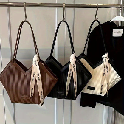 Large-Capacity Faux Leather Tote Bag - Stylish Zipper Closure, Fixed Shoulder Straps, Simple and Spacious Design for Work, Daily Use, and Travel - Durable, Easy-to-Clean, and Trendy Accessory
