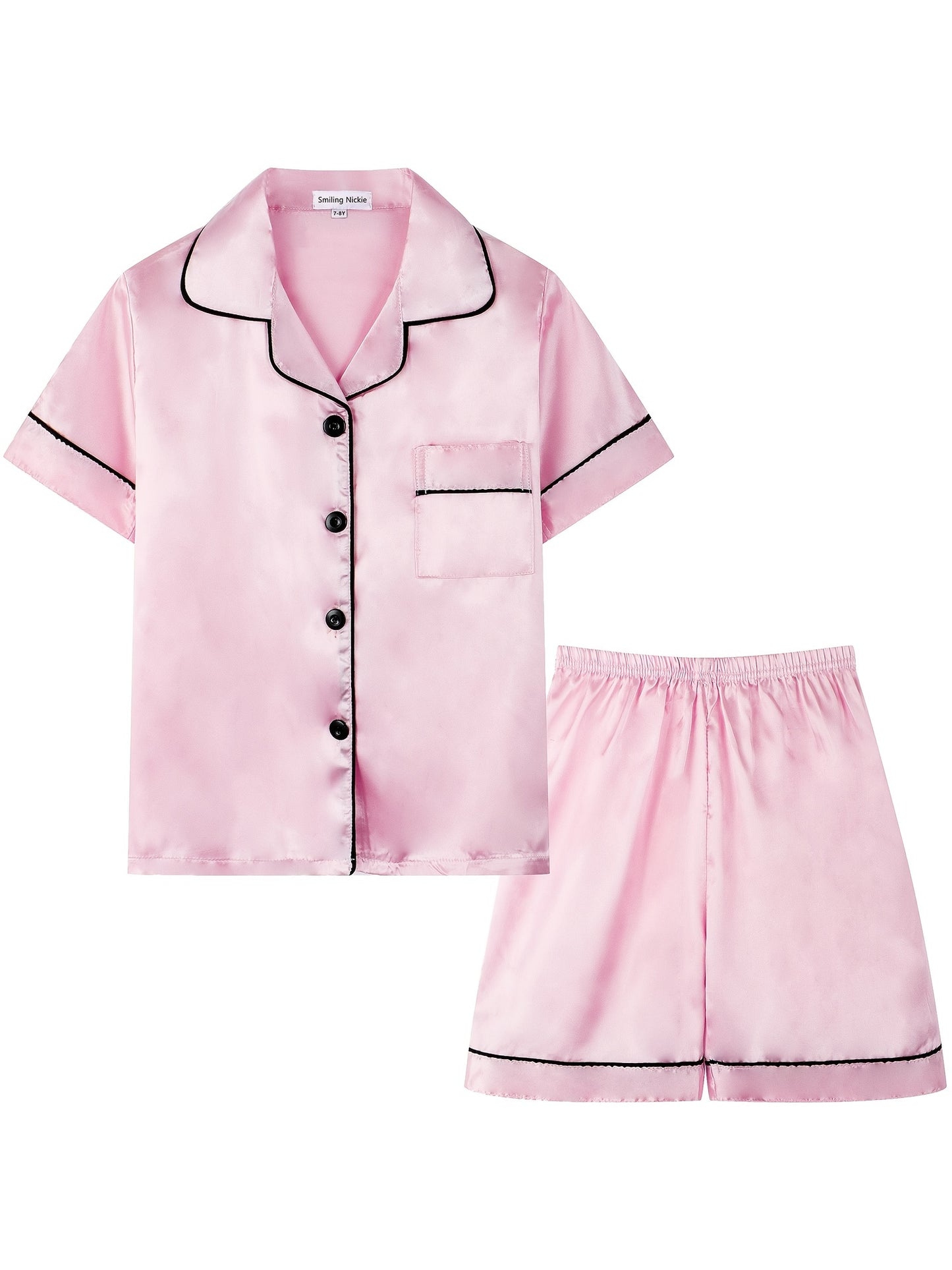 2pcs Girls Pajamas Outfit V-neck Button Casual Short Sleeve Top & Elastic Waist Shorts Set Kids Summer Clothes