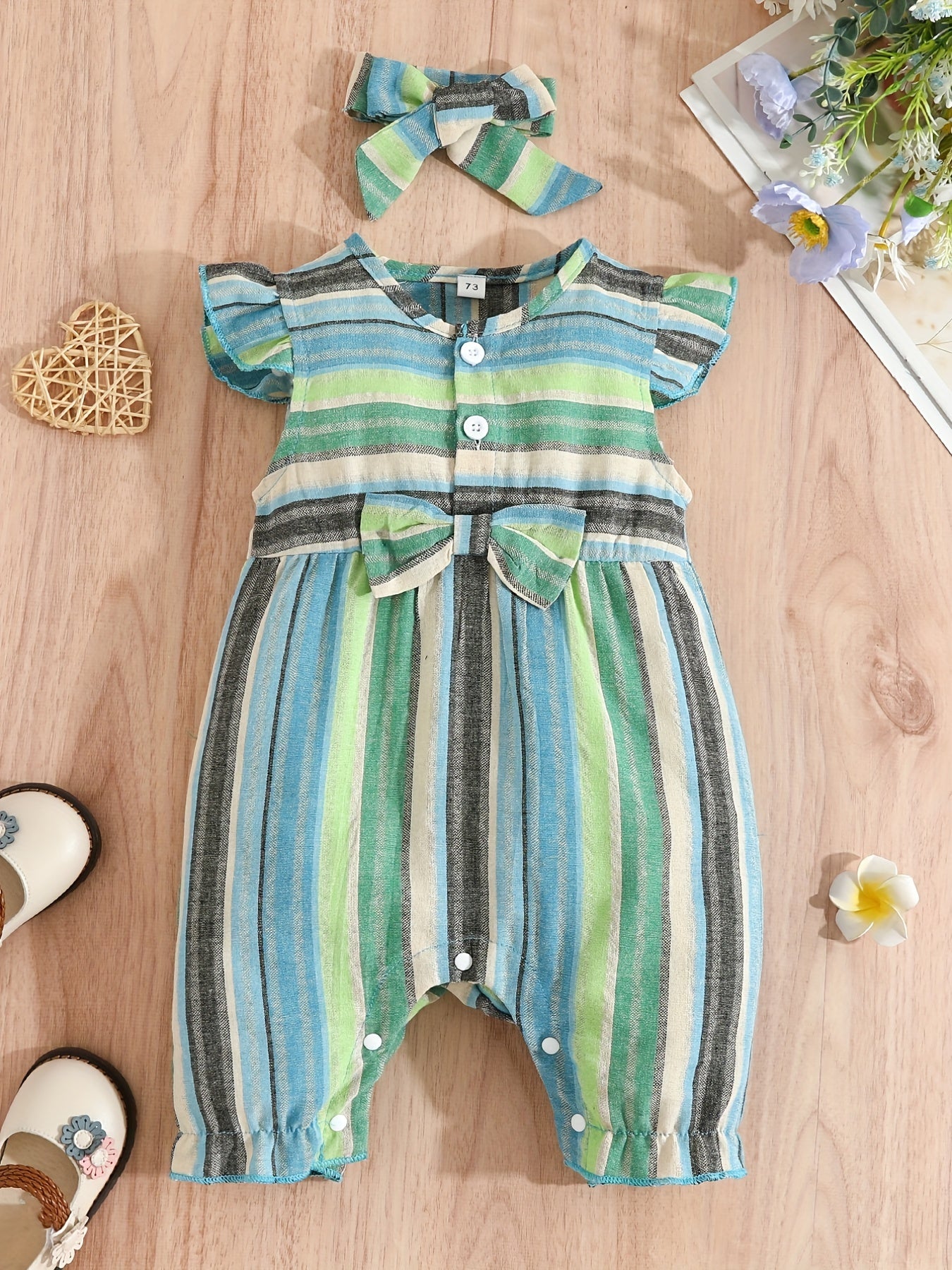 Baby Girls Striped Ruffled Romper Set with Bow Headband for Summer