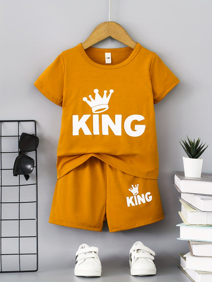 2pcs Boys Teen Cute "KING" Crown Graphic Print T-shirt & Shorts Set Clothes For Summer