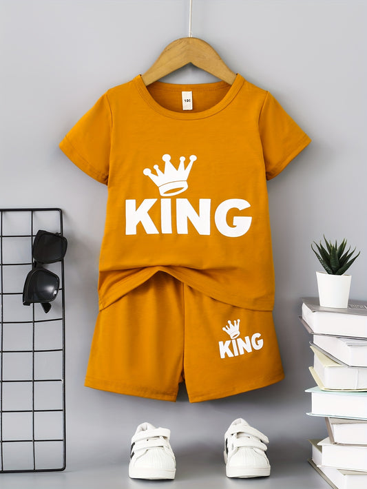 2pcs Boys Teen Cute "KING" Crown Graphic Print T-shirt & Shorts Set Clothes For Summer