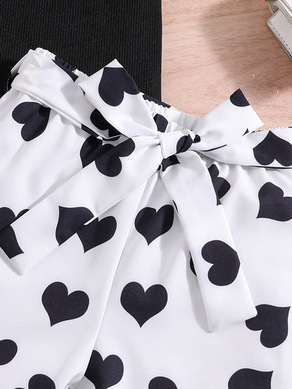 Girls Ruffle Trim Round Neck Top & Heart Graphic Belted Shorts Set Kids Summer Clothes
