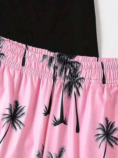 2Pcs Men's Palm Trees Print Casual Crew Neck Short Sleeve T-shirt And Drawstring Sweatpants Joggers Set For Summer