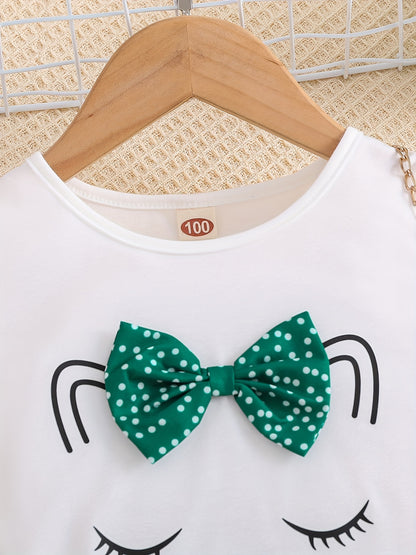 2pcs Girls Cute Cat Graphic Bow T-Shirts Round Neck Short Sleeve Tees Top & Elastic Waist Polka Dots Ruffled Hem Shorts Set Kids Summer Clothes