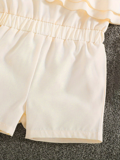 Adorable Girls' White One-Shoulder Romper Jumpsuit - Ruffled, Sleeveless, Summer Outfit for Kids - Breathable, Soft, Comfortable Clothing for Little Princesses