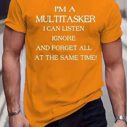 Men's Plus Size Beige T-Shirt - "I'm a Multitasker" Humorous Print, Casual Mid-Stretch Crew Neck, Short Sleeve, Ideal for Summer, Youth Casual Top|Humorous Print Tee|Nontransparent Material, PLUS SIZE