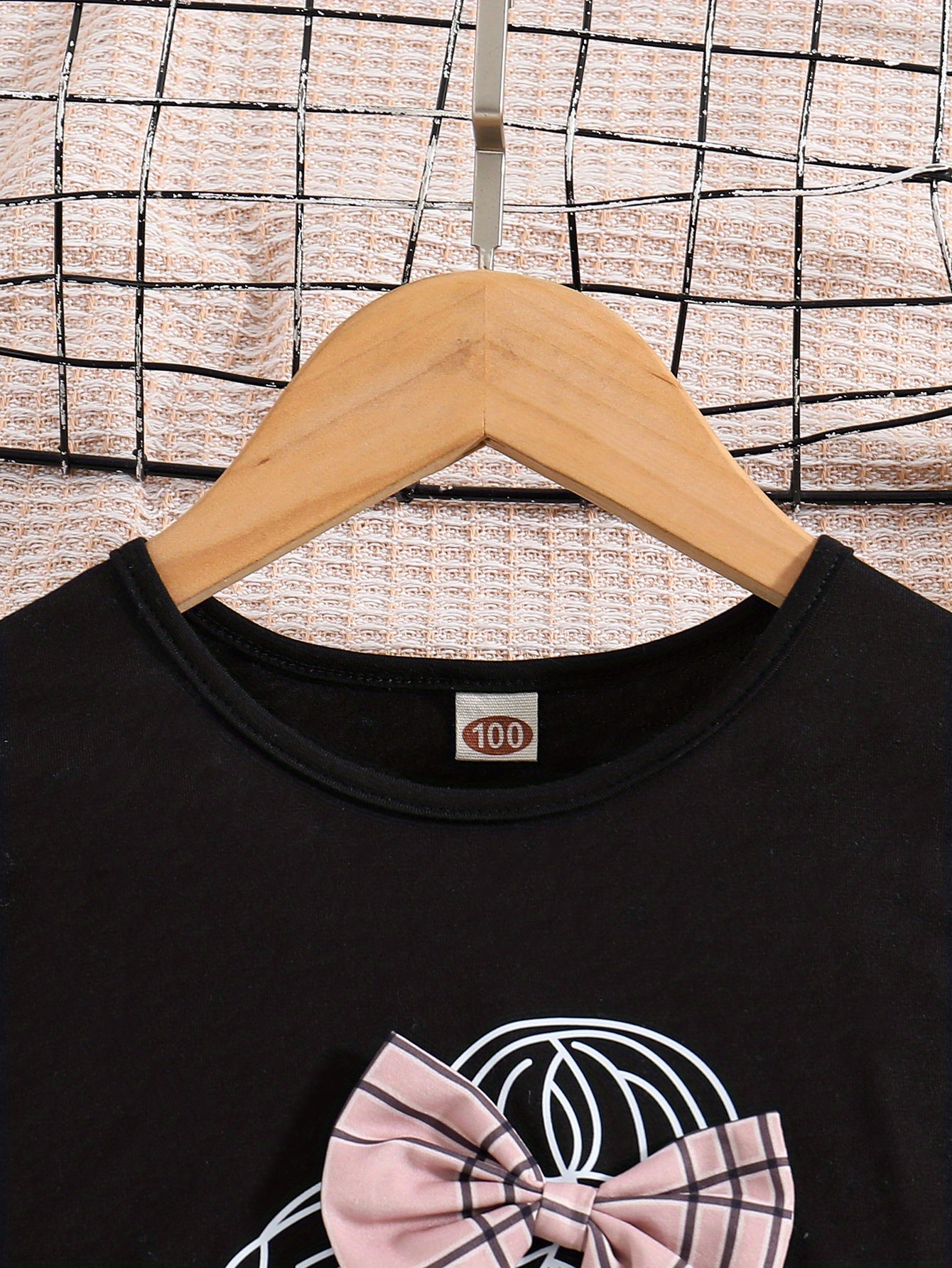 2pcs Girls Figure Graphic T-Shirts Round Neck Ruffle Sleeve Tees Top & Elastic Waist Bow Plaid Shorts Set Kids Summer Clothes