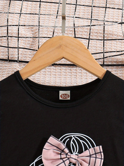 2pcs Girls Figure Graphic T-Shirts Round Neck Ruffle Sleeve Tees Top & Elastic Waist Bow Plaid Shorts Set Kids Summer Clothes