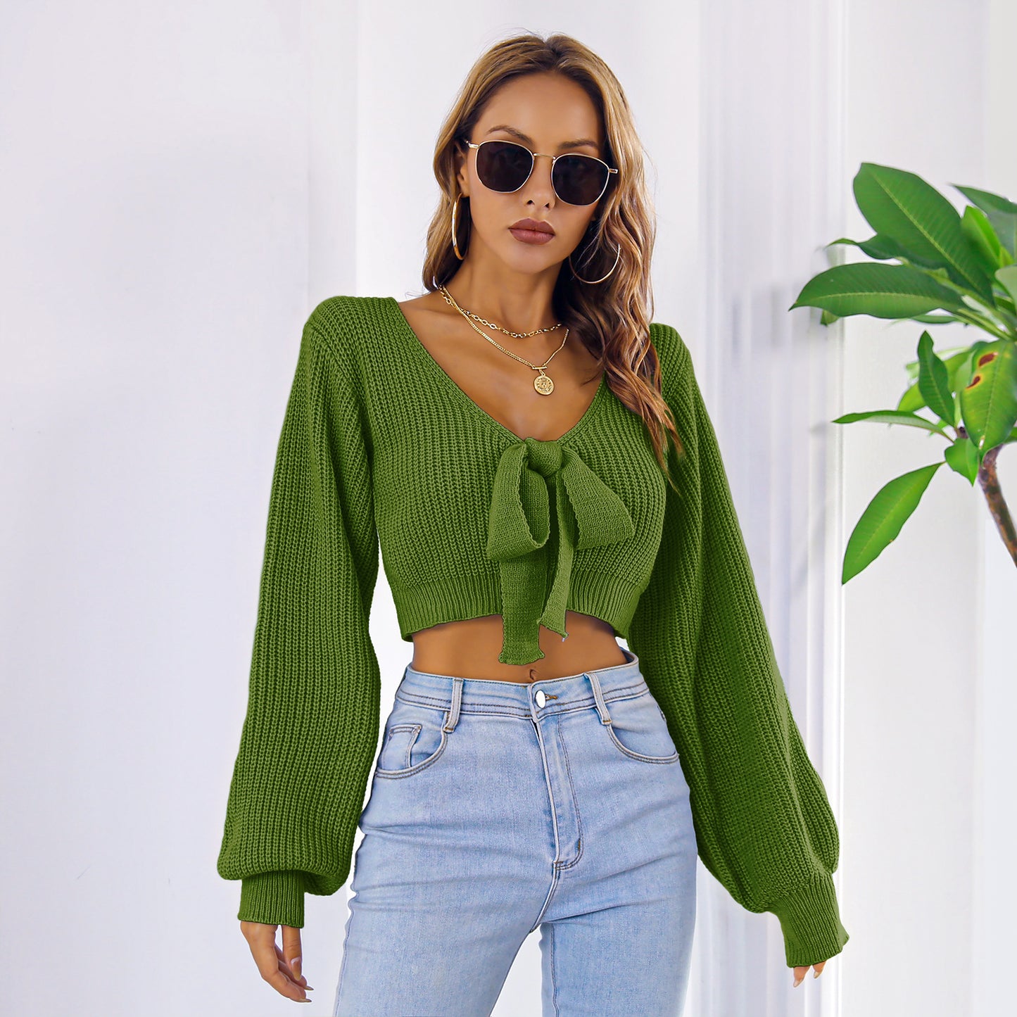 Sexy Bowknot V Neck Crop Sweater, Casual Lantern Long Sleeve Loose Fall Winter Knit Sweater, Women's Clothing