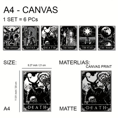 6pcs/set Black White Tarot Posters Wall Art, Living Room Bedroom Modern Wall Painting No Frame