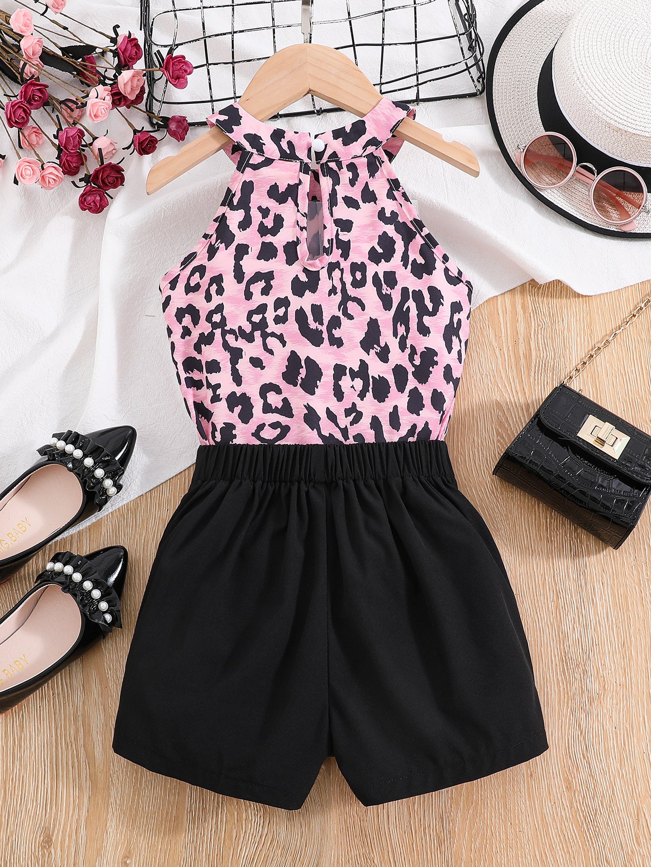 Girls Cold Shoulder Leopard Halter Top & Fake Button Shorts Set Kids Summer Clothes
