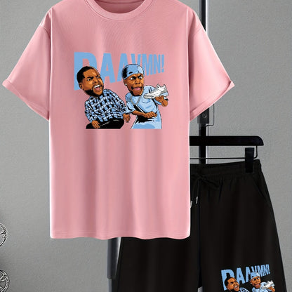 Men's Cartoon Letter Graphic Drop Shoulder Short Sleeve Crew Neck T-shirt & Drawstring Pockets Shorts Loungewear Set, Casual Fashion Skin-friendly And Comfortable Pajama Set, Plus Size