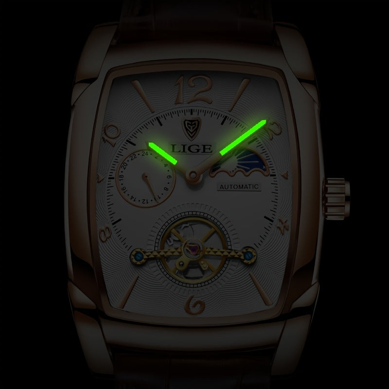 LIGE 2023 Vintage-Inspired Mechanical Men's Watch – Waterproof, Rectangular Leather Timepiece, Perfect Gift