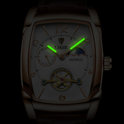 LIGE 2023 Vintage-Inspired Mechanical Men's Watch – Waterproof, Rectangular Leather Timepiece, Perfect Gift