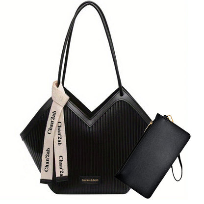 Large-Capacity Faux Leather Tote Bag - Stylish Zipper Closure, Fixed Shoulder Straps, Simple and Spacious Design for Work, Daily Use, and Travel - Durable, Easy-to-Clean, and Trendy Accessory