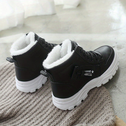 Women'S K2001 High-Top Winter Boots - Stylish White Lace-Up with Faux Fur Lining, Waterproof PVC Sole, Casual All-Season Footwear, Casual Winter Boots|Faux Fur Lined Boots|Laceup Boots