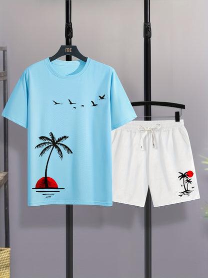 Mens 2Pcs Coconut Tree Print Outfit - Lightweight & Comfortable Casual T-Shirt & Drawstring Shorts Set - Perfect Summer Style with Quick-Dry Technology