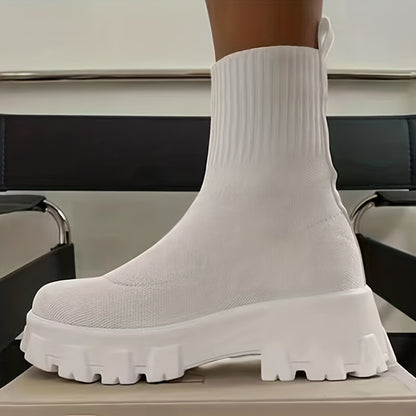 Women's Thick-soled Short Boots, Knitted Round Toe Shoes