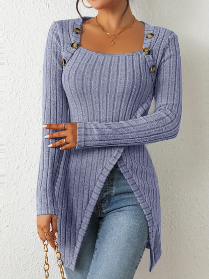 Button Decor Asymmetrical Hem T-Shirt, Casual Ribbed Long Sleeve Top For Spring & Fall, Women's Clothing