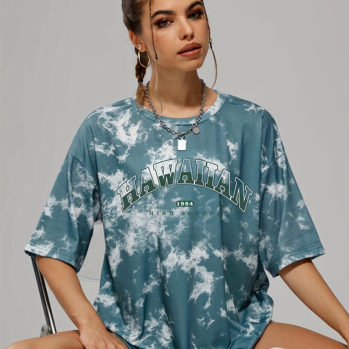 Women's Tie Dye Letter Graphic Tee, Casual Loose Sports Crew Neck T-shirt, Women's Tops