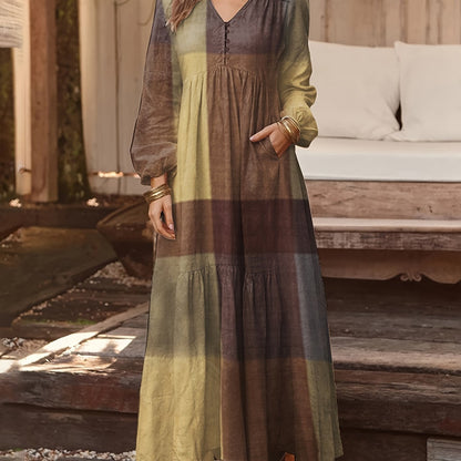 Patchwork Print Loose Dress, Boho V Neck Long Sleeve Dress, Women's Clothing