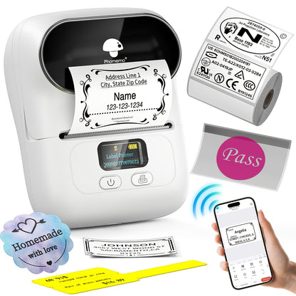 [Wireless | Portable] Phomemo Portable Wireless Thermal Label Printer M110 | Compact Wireless Barcode & Sticker Maker for Office, Retail, Jewelry Labels | Compatible with iOS & Android, Includes 1 Roll of 40×30mm Labels, Rec