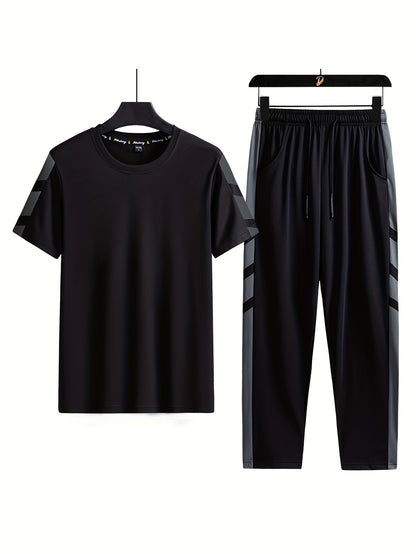 Classic Men's 2 Pieces Outfits, Short Sleeve T-Shirt And Drawstring Trousers Set