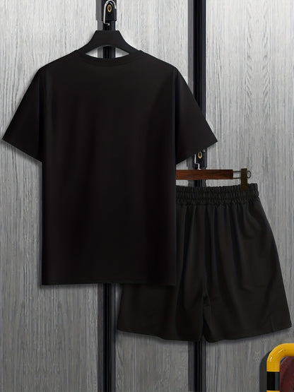 Mens 2Pcs Coconut Tree Print Outfit - Lightweight & Comfortable Casual T-Shirt & Drawstring Shorts Set - Perfect Summer Style with Quick-Dry Technology