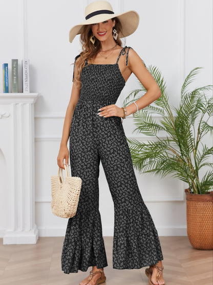 Bohemian Chic Ditsy Floral Print Jumpsuit - Lightweight & Breathable Sleeveless Spaghetti Strap Vacation Wear - Flared Leg Womens Casual Fashion