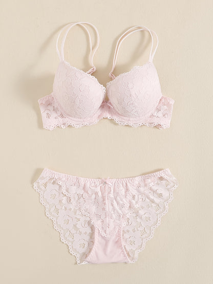 Romantic Lace Embroidery Lingerie Set - Soft & Breathable Push-Up Bra with Sheer Panty - Perfect Seductive Valentines Gift for Her - Womens Comfortable Intimate Wear