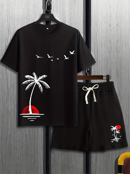 Mens 2Pcs Coconut Tree Print Outfit - Lightweight & Comfortable Casual T-Shirt & Drawstring Shorts Set - Perfect Summer Style with Quick-Dry Technology