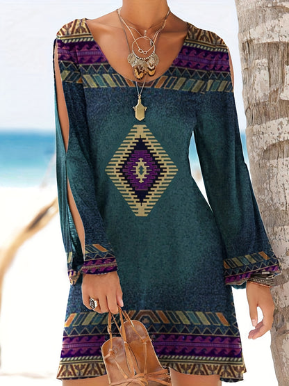 Aztec Print Ethnic Split Sleeve Dress, Boho Vintage V Neck Mini Dress, Women's Clothing