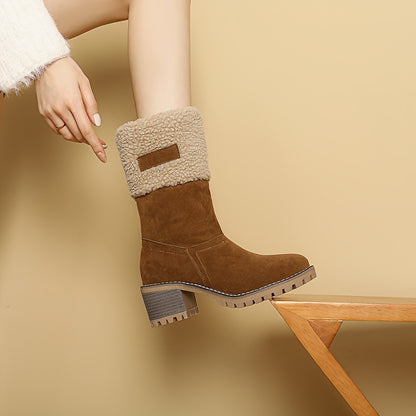 Mid Calf Snow Boots for Women - Stacked Block Heel, Plush Round Toe, Thermal Insulation, Slip-On Design, Solid Color, Winter Warmth and Comfort Shoes
