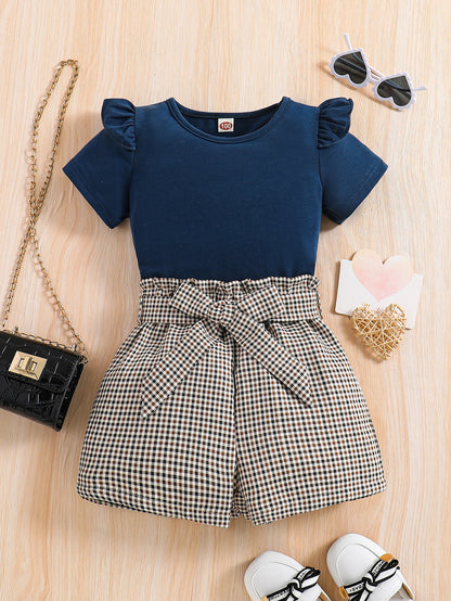2pcs Girls Round Neck T-Shirt Ruffles Short Sleeves Tee Tops & Belted Plaid Shorts Set Summer Clothes