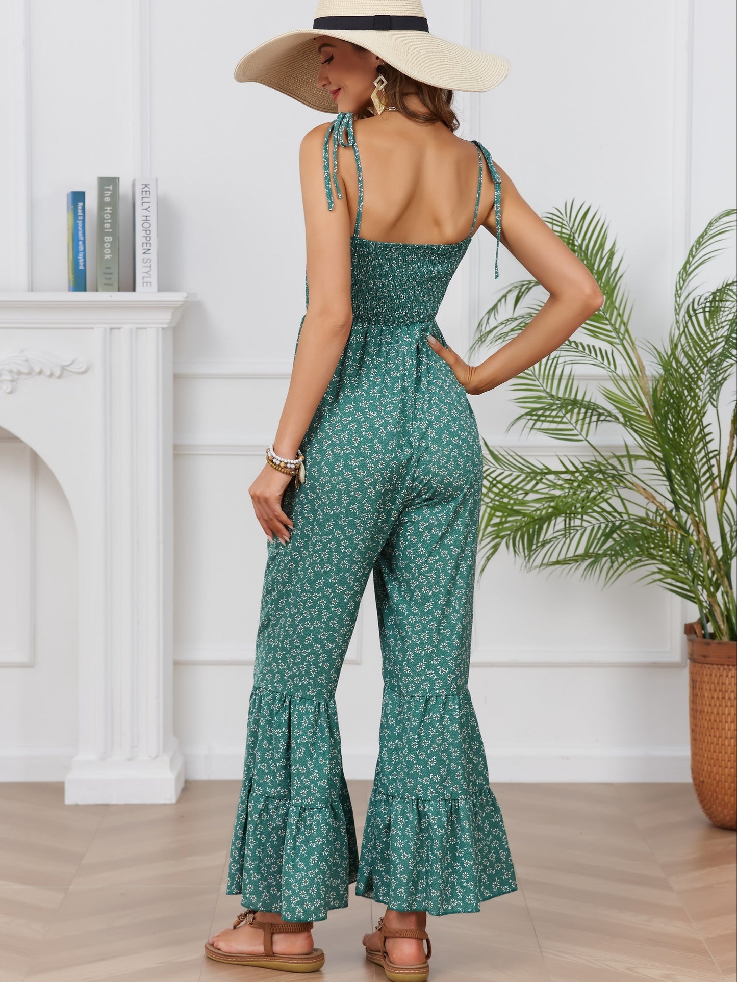 Bohemian Chic Ditsy Floral Print Jumpsuit - Lightweight & Breathable Sleeveless Spaghetti Strap Vacation Wear - Flared Leg Womens Casual Fashion