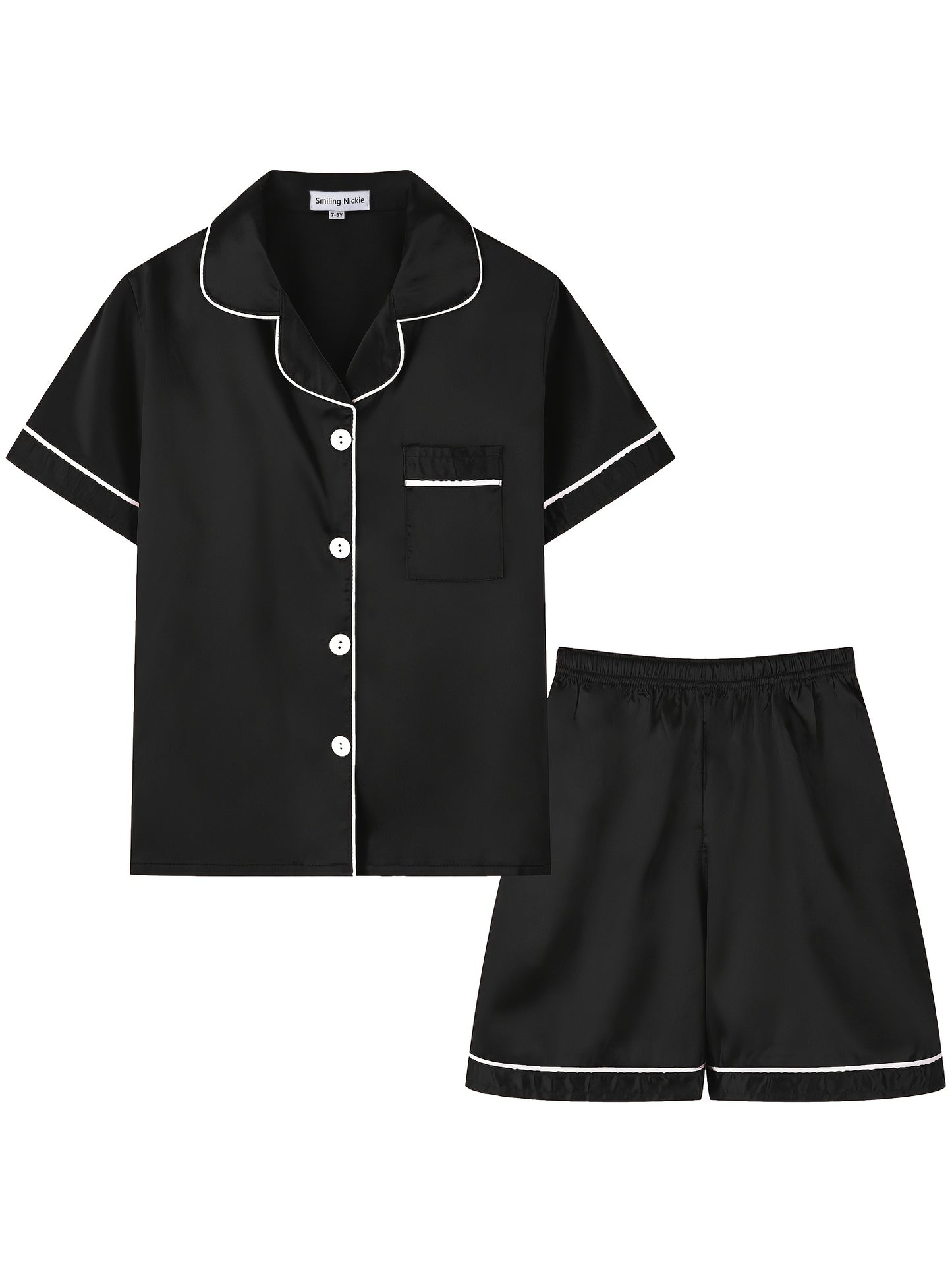 2pcs Girls Pajamas Outfit V-neck Button Casual Short Sleeve Top & Elastic Waist Shorts Set Kids Summer Clothes