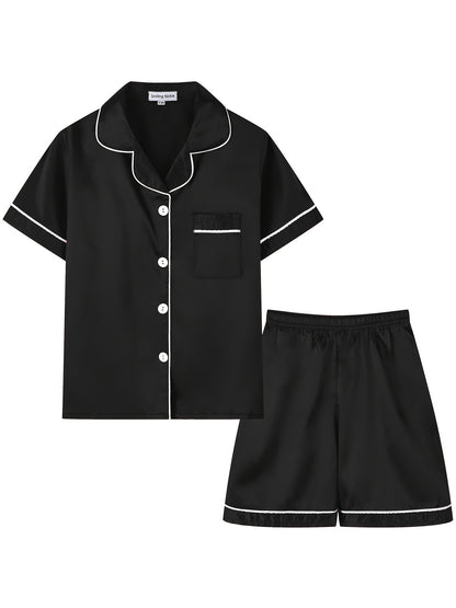2pcs Girls Pajamas Outfit V-neck Button Casual Short Sleeve Top & Elastic Waist Shorts Set Kids Summer Clothes