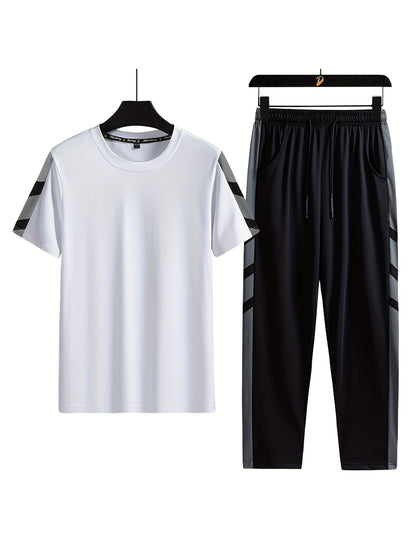 Classic Men's 2 Pieces Outfits, Short Sleeve T-Shirt And Drawstring Trousers Set