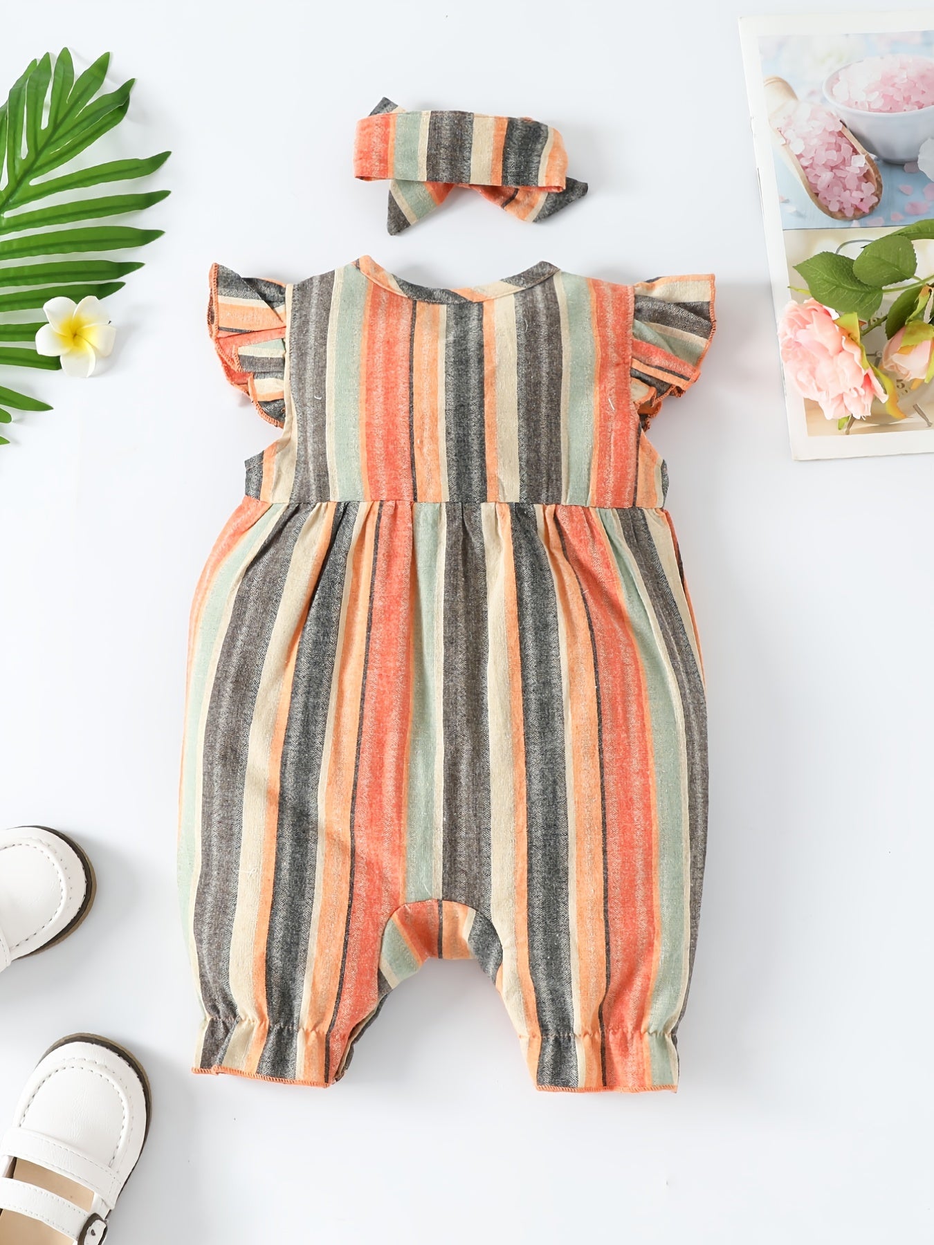 Baby Girls Striped Ruffled Romper Set with Bow Headband for Summer
