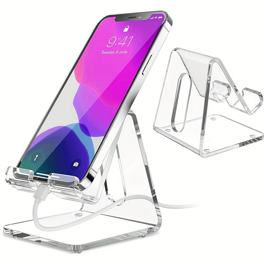 Clear Acrylic Phone Stand, ABS Material, Universal Desktop Smartphone Holder with Non-Slip Pads and Charging Hole, Ergonomic Design for All Smartphones 4-8 Inches - Office Desk Accessories