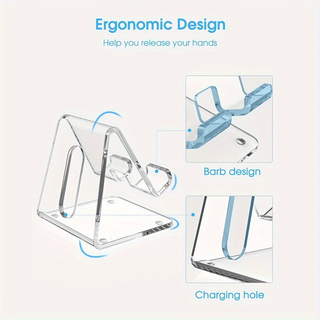 Clear Acrylic Phone Stand, ABS Material, Universal Desktop Smartphone Holder with Non-Slip Pads and Charging Hole, Ergonomic Design for All Smartphones 4-8 Inches - Office Desk Accessories
