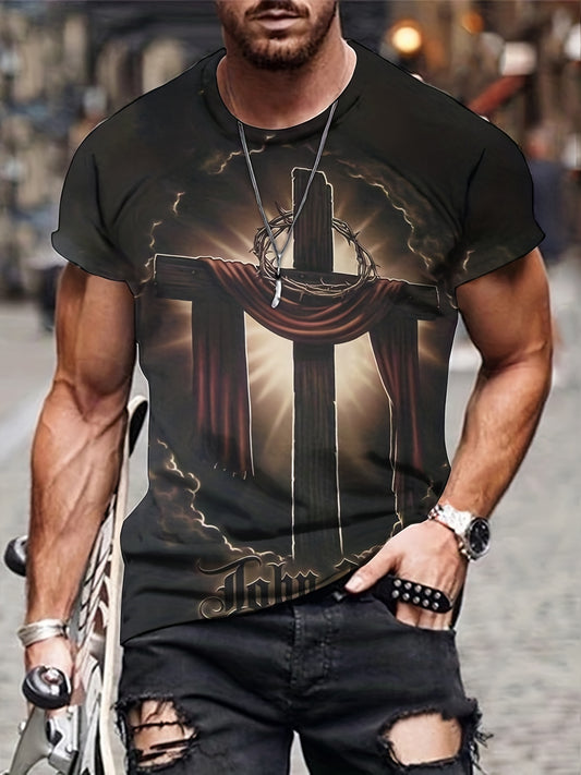 Crucifix Pattern All Over Print T-shirt, Men's Casual Mid Stretch Round Neck T-shirt For Spring Summer