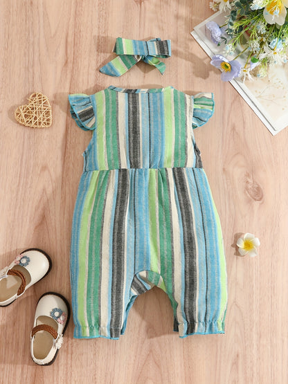 Baby Girls Striped Ruffled Romper Set with Bow Headband for Summer