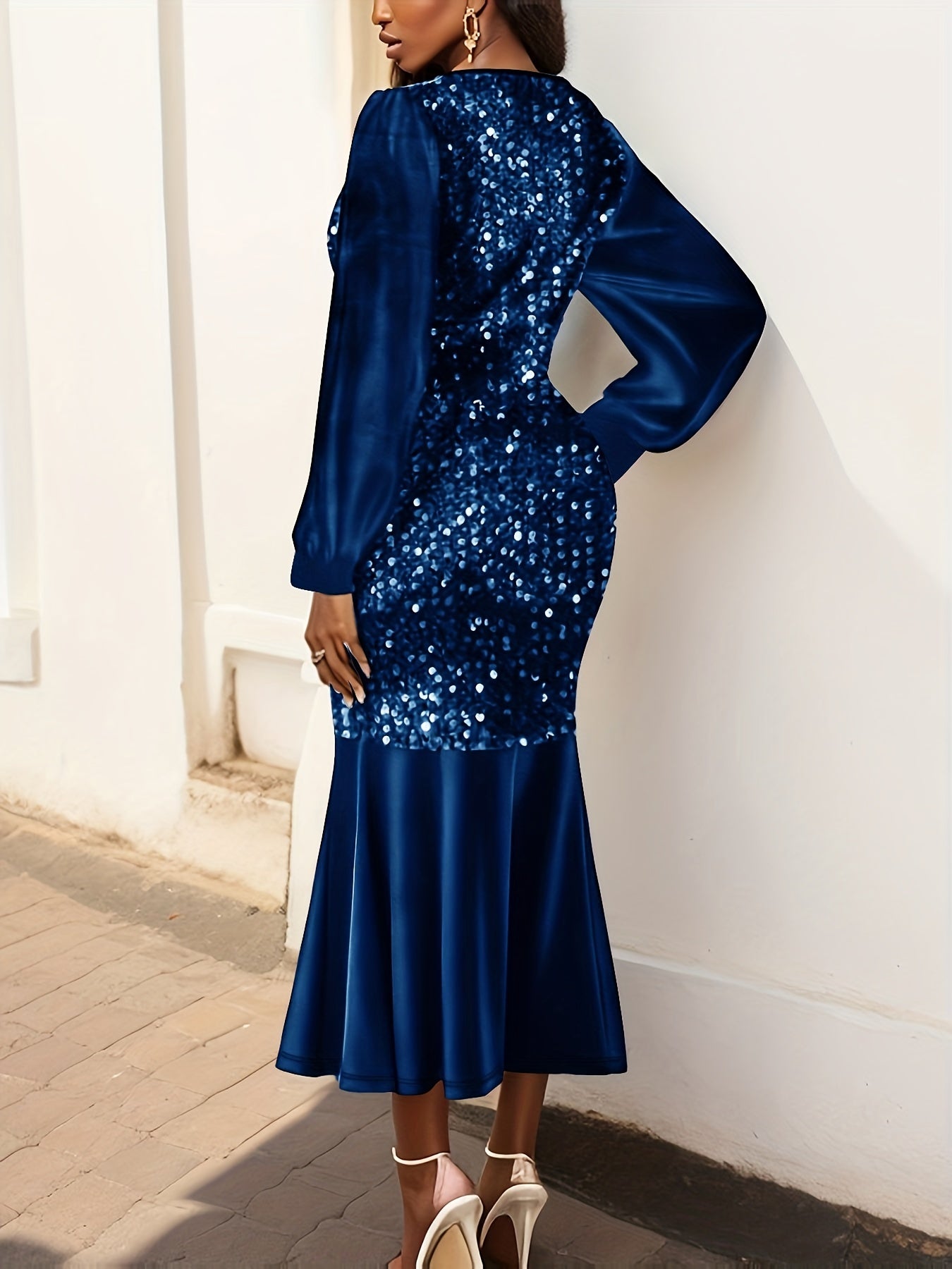 Vibrant Sequined Bodycon Mermaid Hem Dress - Elegant V Neck, Long Sleeve, Polyester, Solid Color, No Elasticity, Perfect for Party & Banquet - Womens Spring/Fall Clothing