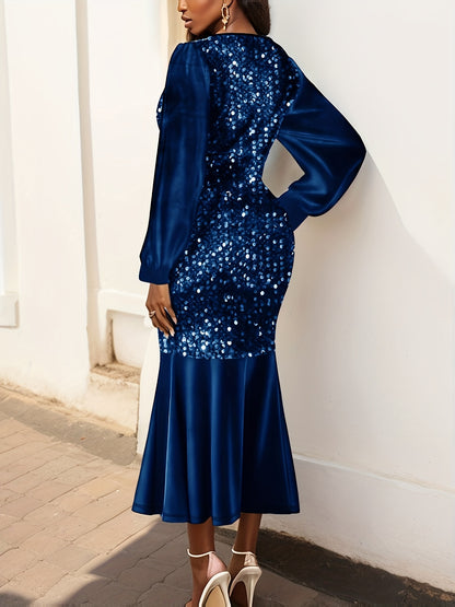 Vibrant Sequined Bodycon Mermaid Hem Dress - Elegant V Neck, Long Sleeve, Polyester, Solid Color, No Elasticity, Perfect for Party & Banquet - Womens Spring/Fall Clothing