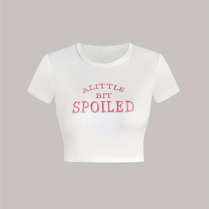 Letter Embroidery Crop T-Shirt, Y2K Short Sleeve T-Shirt For Spring & Summer, Women's Clothing